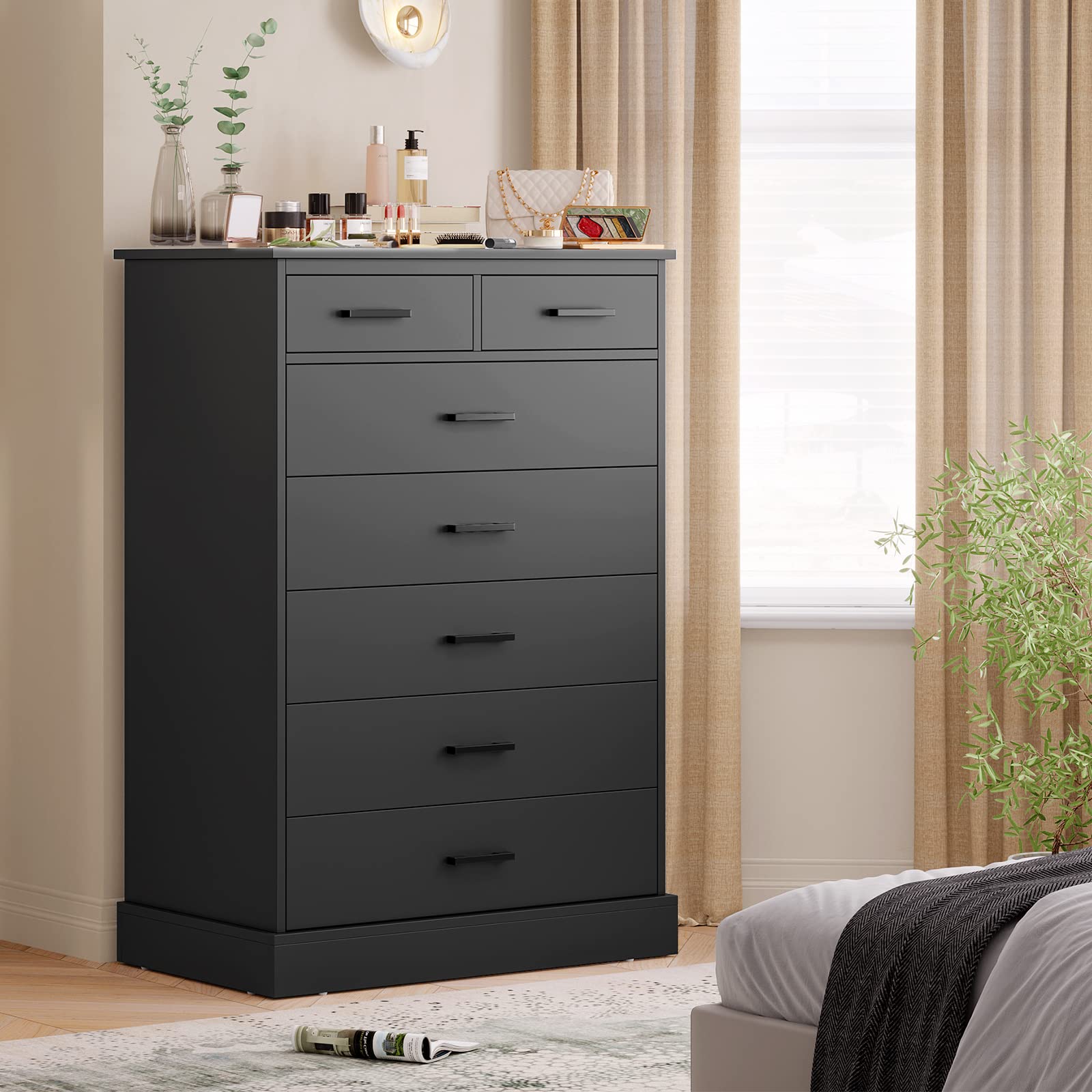 Black Dresser for Bedroom, Tall 7 Drawer Dresser with Sturdy Base