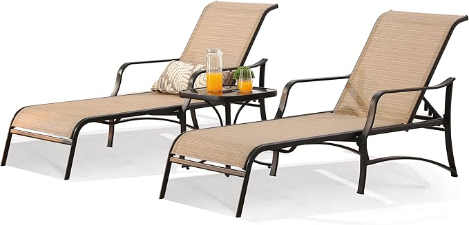 Patio Chaise Lounge Outdoor Adjustable Back Metal Lounge Chair with Bistro Table 3 Pieces