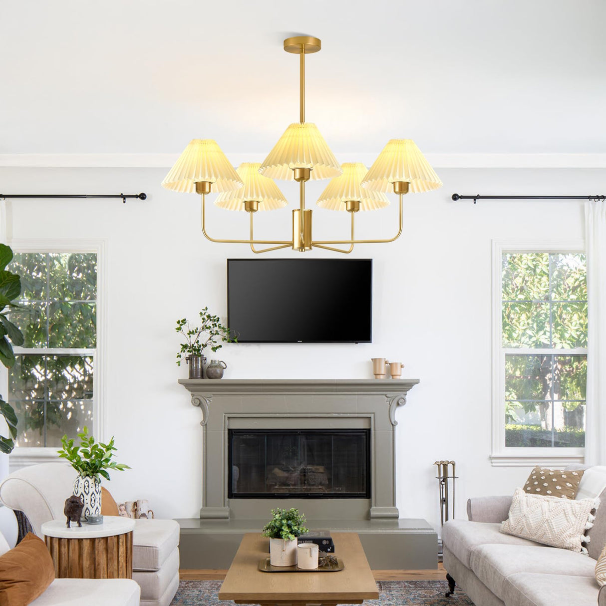 Chandelier Light Fixture, 5-Lights Mid Century Chandelier With Shades For Dining Room