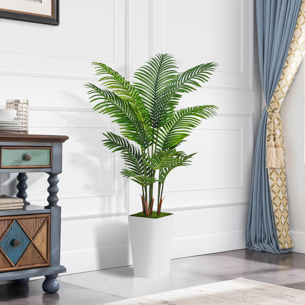 ASTIDY Artificial Palm Tree 5FT - Fake Tree with White Tall Planter - Faux Tropical Areca Floor Plant in Pot - Artificial Silk Plant for Home Office Living Room Decor Indoor