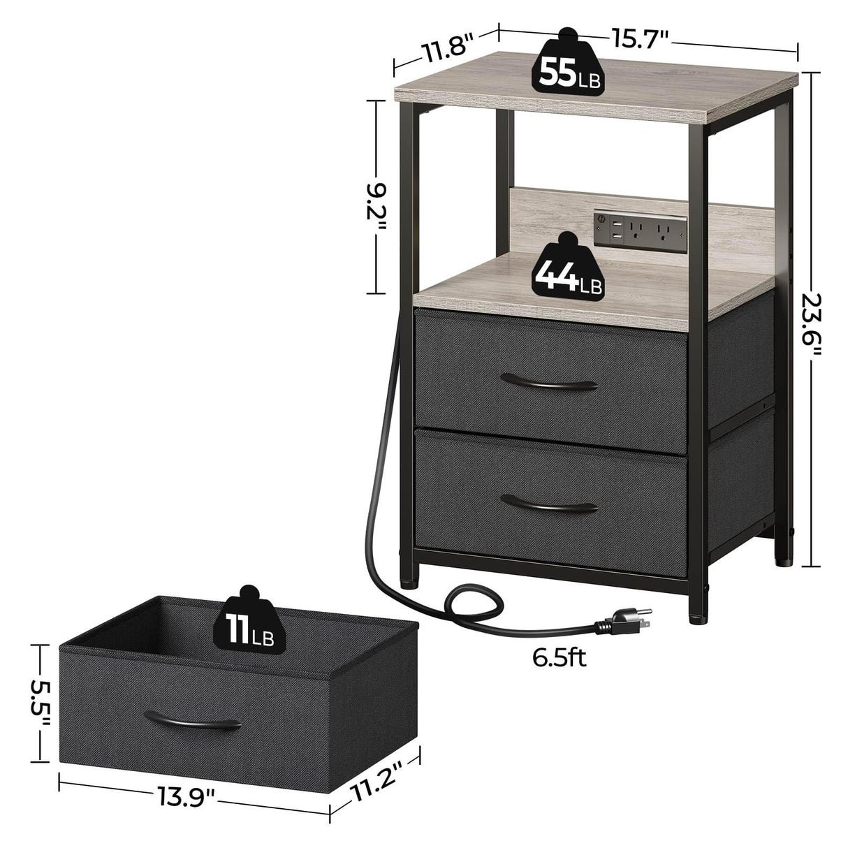 Nightstand Set of 1/2 with Charging Station, Bedside Table with LED Lights