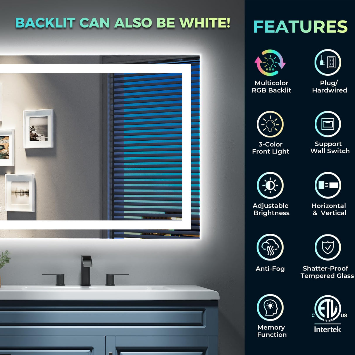 65x36 Inch RGB LED Bathroom Mirror with Front and Backlight