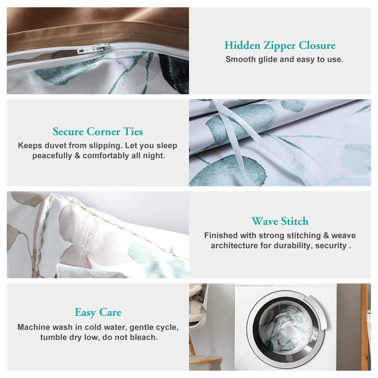 MILDLY 100% Long-Staple Cotton Duvet Cover Set, Gradient Teal Leaves Pattern Bedding Set 3pcs, Ultra Soft Breathable Chic Comforter Cover