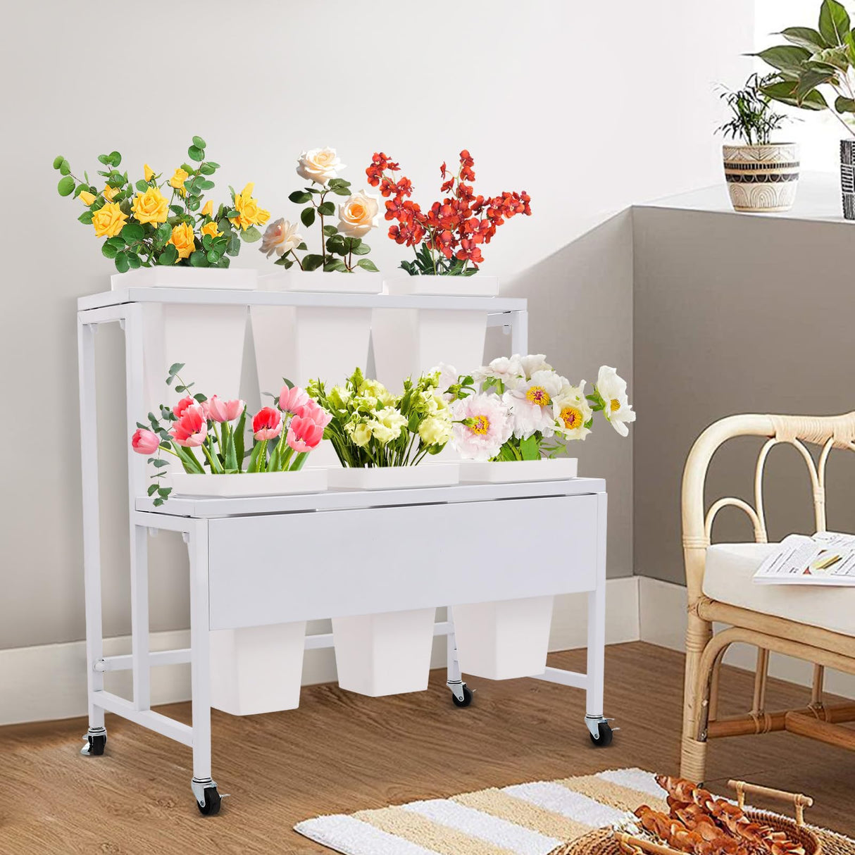 Modern 2-Tier Flower Display Stand with 6 Buckets