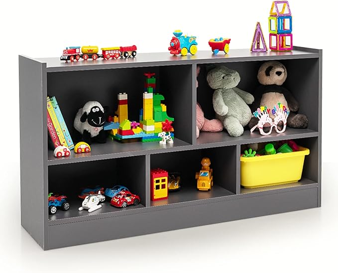 kids Toy Storage Organizer, 5-Section Storage Daycare Shelf for Preschool, Children 2-Tier Open Wooden Display Book Shelf Organizer for Classroom, Playroom & Nursery, Kindergarten(Yellow)