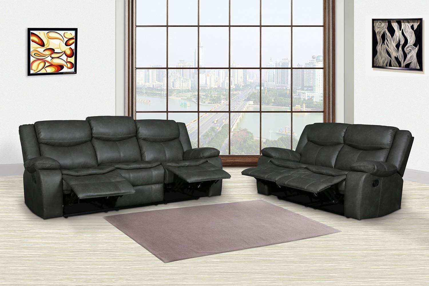 Marsden Modern Leather Air Reclining Living Room, 2 Piece Loveseat, Sofa Set, Gray