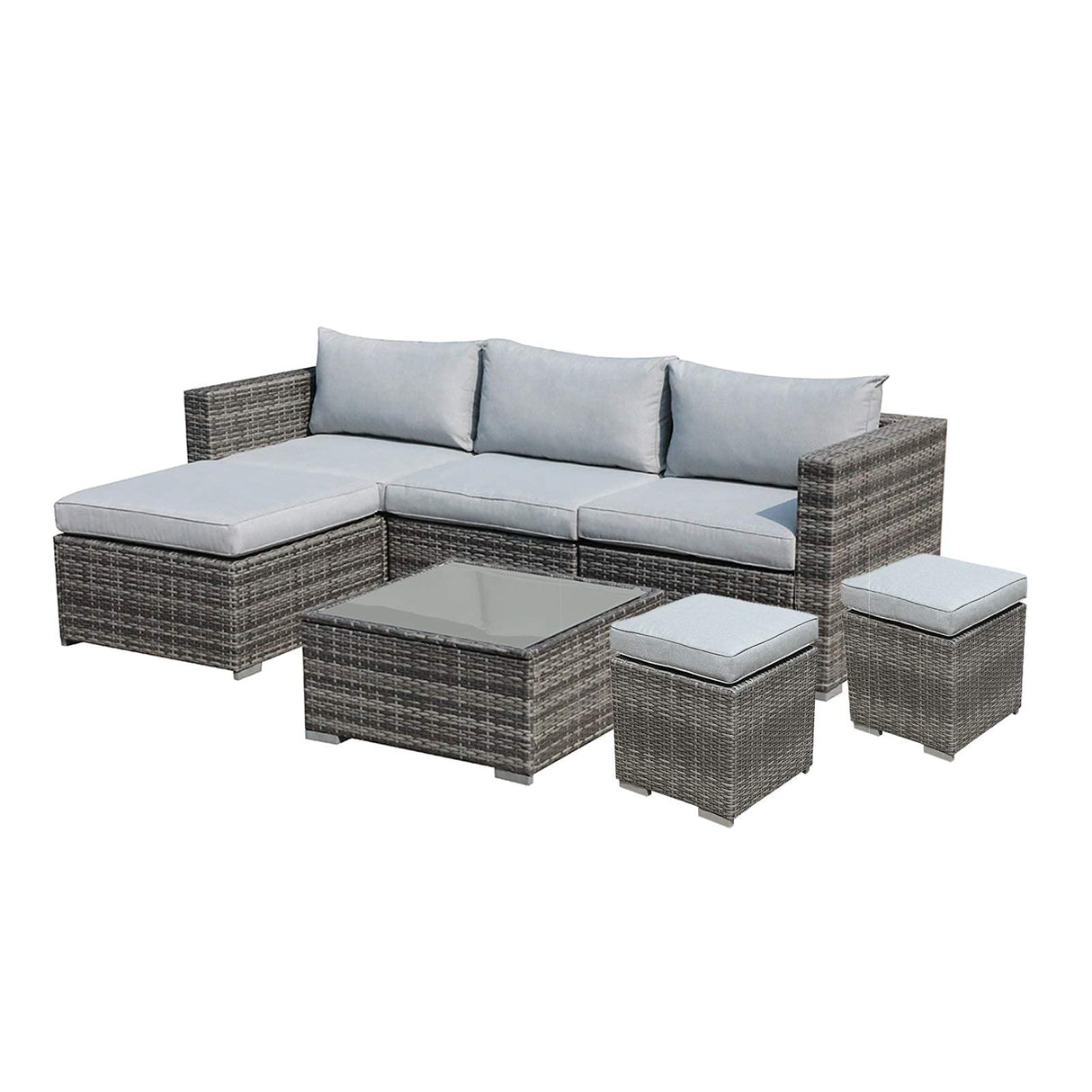 7 Pieces Outdoor Patio Furniture Set, Outdoor Sectional Conversation Set, All Weather Grey Wicker Rattan Sofa Set, W/Glass Table, Two Assembled Ottomans, Light Grey Cushions