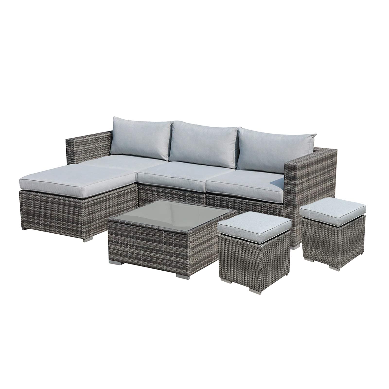 7 Pieces Outdoor Patio Furniture Set, Outdoor Sectional Conversation Set, All Weather Grey Wicker Rattan Sofa Set, W/Glass Table, Two Assembled Ottomans, Light Grey Cushions