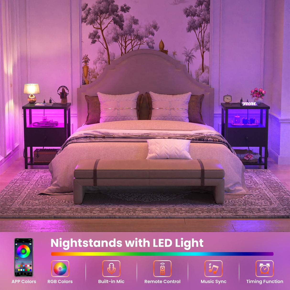 Besiost Nightstand Set of 2 with LED Lights, 3 Tier Night Stand with Charging Station