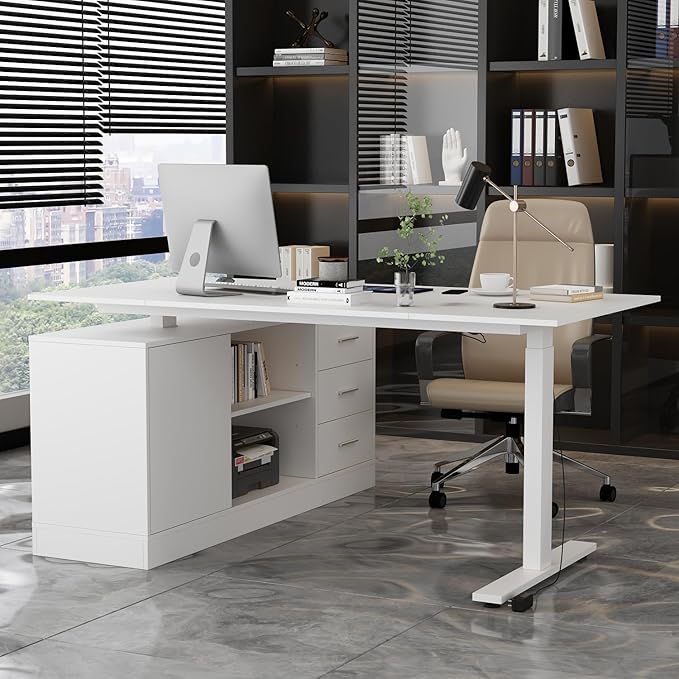 Home Office L Shaped Electric Standing Desk with Drawers and Shelves