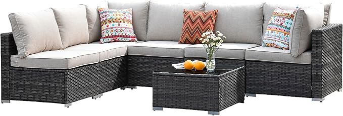 7-Piece Outdoor Wicker Patio Furniture Set with Cushions and Glass Coffee Table