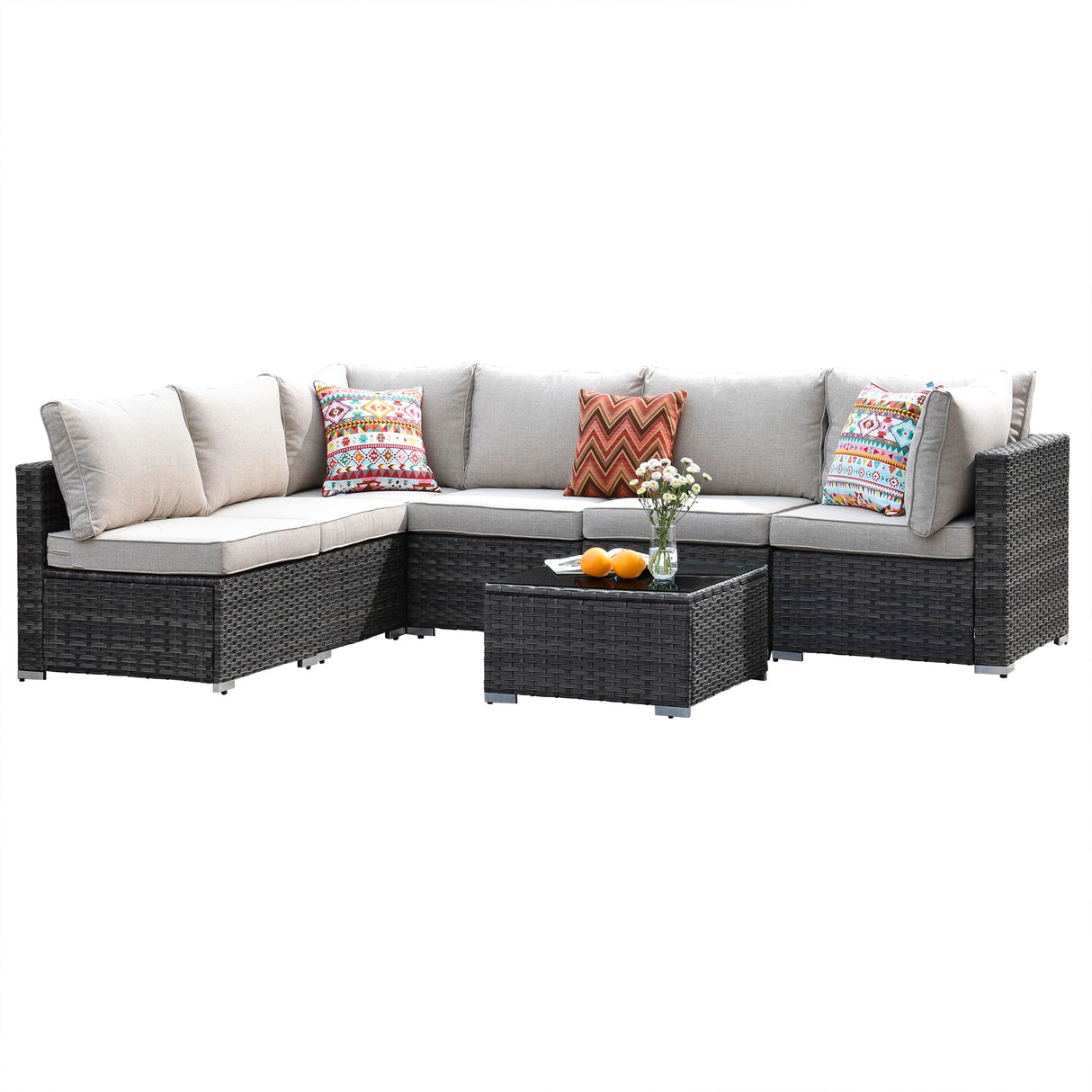 7-Piece Outdoor Wicker Patio Furniture Set with Cushions and Glass Coffee Table