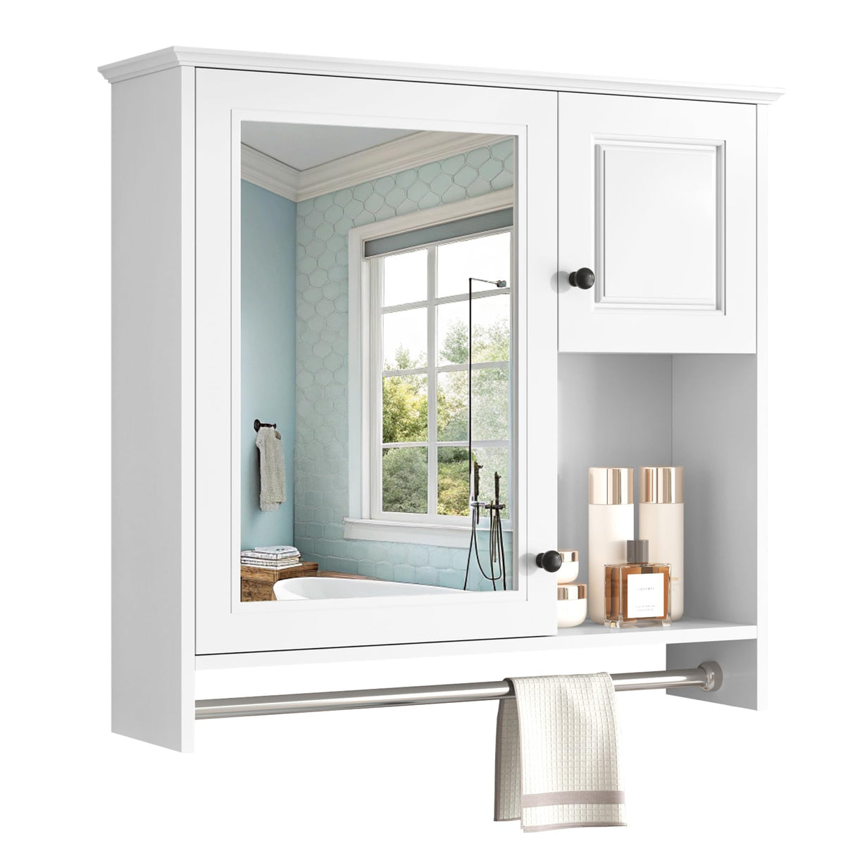 Wall Mount Bathroom Cabinet with Mirror, Open Shelf, and Towel Bar, 30" x 28"