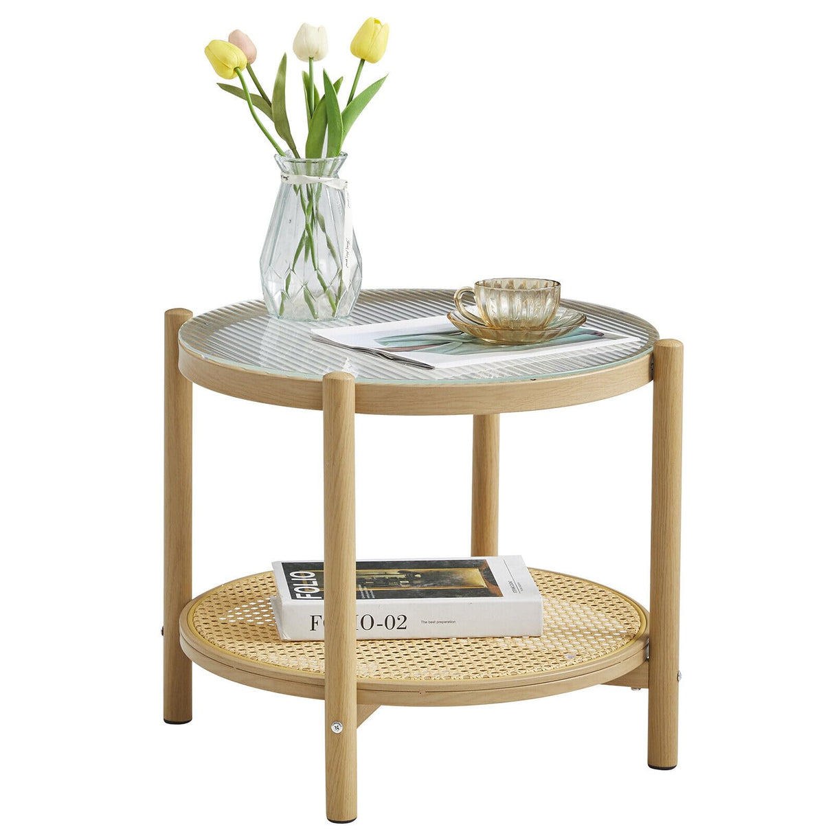 19.6" Boho Rattan Coffee Table, Round Glass Metal End Table