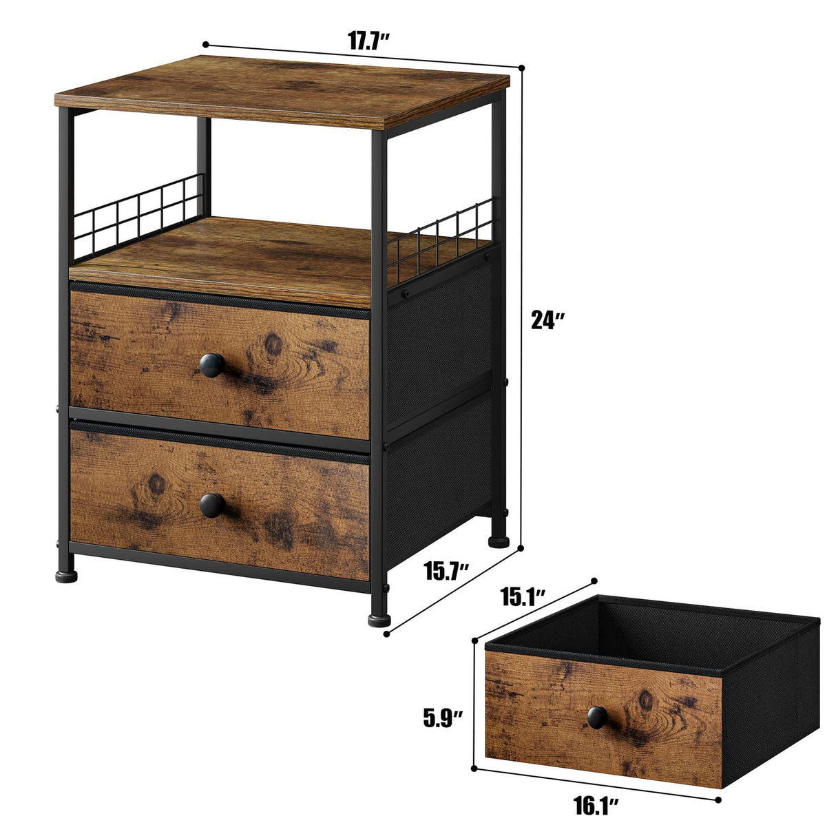 Nightstand Set of 2, Bedside Table with Fabric Drawers and Open Wood Shelf Storage
