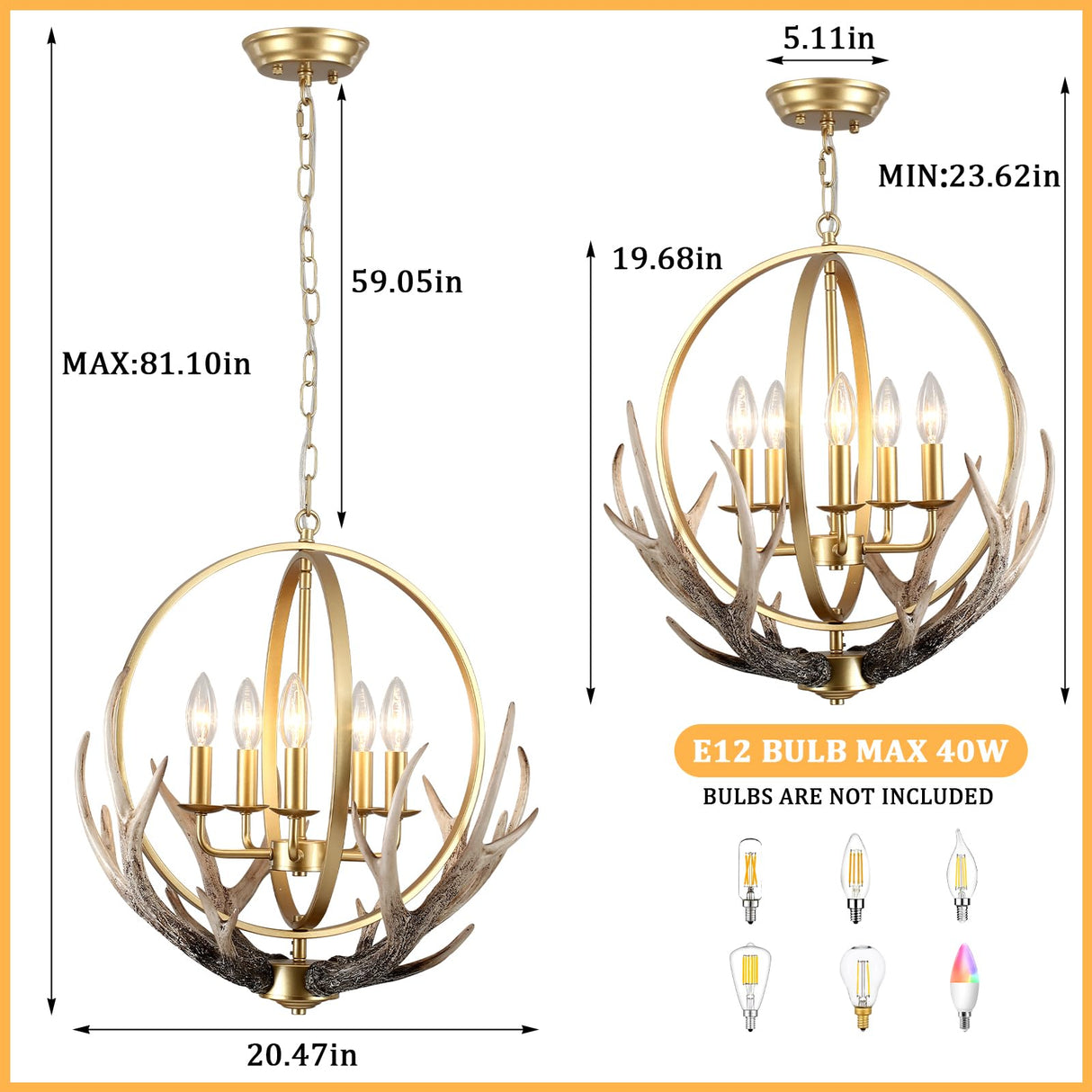 Gold Chandelier 5-Light Farmhouse Chandeliers for Dining Room Rustic Ceiling Light Fixture