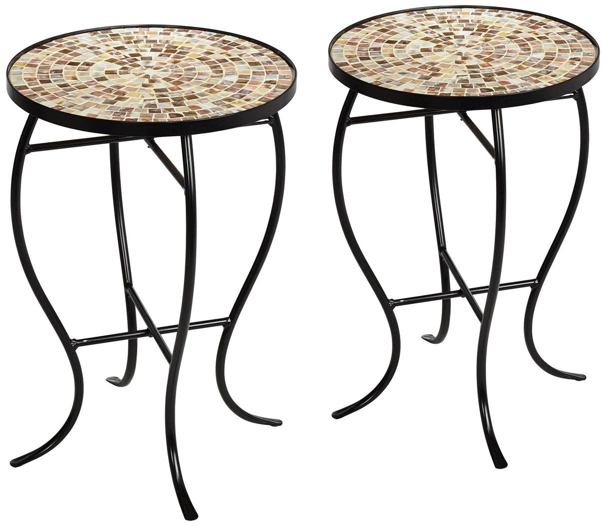 Teal Island Designs Mother of Pearl Modern Black Metal Round Outdoor Accent Side Tables 14" Wide Set of 2 Natural Mosaic Tile Tabletop Curved Legs for Spaces Porch Patio Home House Balcony Deck - Bircata