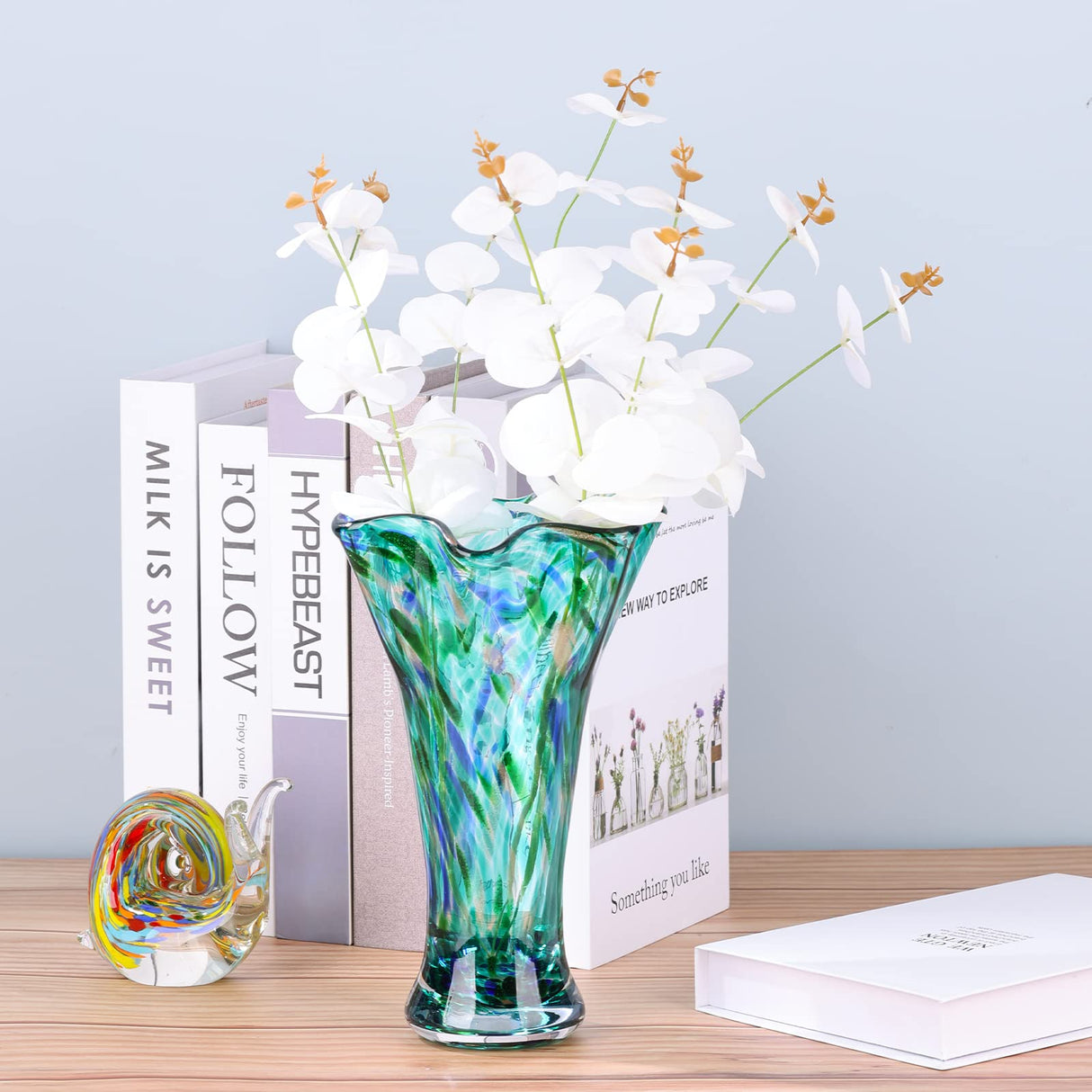 9.0" H Teal Glass Vases for Flowers, Hand Blow Glass Vase Teal Home Decor