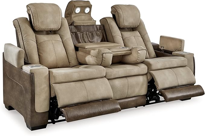 Game Zone Faux Leather Adjustable Power Reclining Sofa with Cup Holders and Storage, Brown