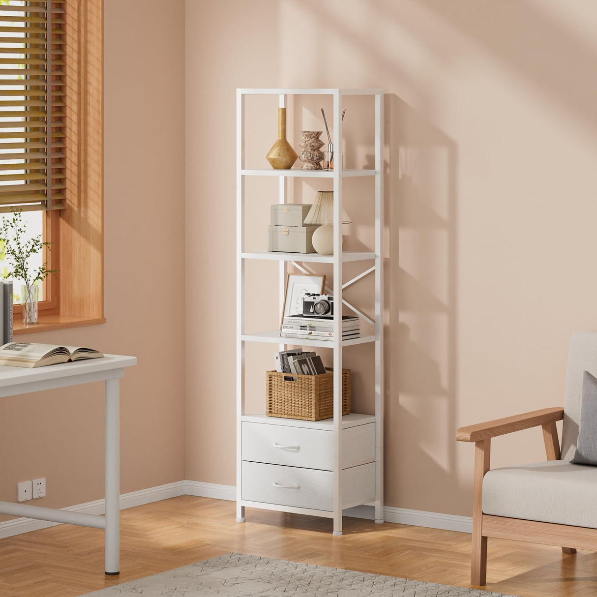 5-Tier Corner Shelf, Narrow Bookshelf with 2 Storage Drawers, Tall Bookcase, Standing