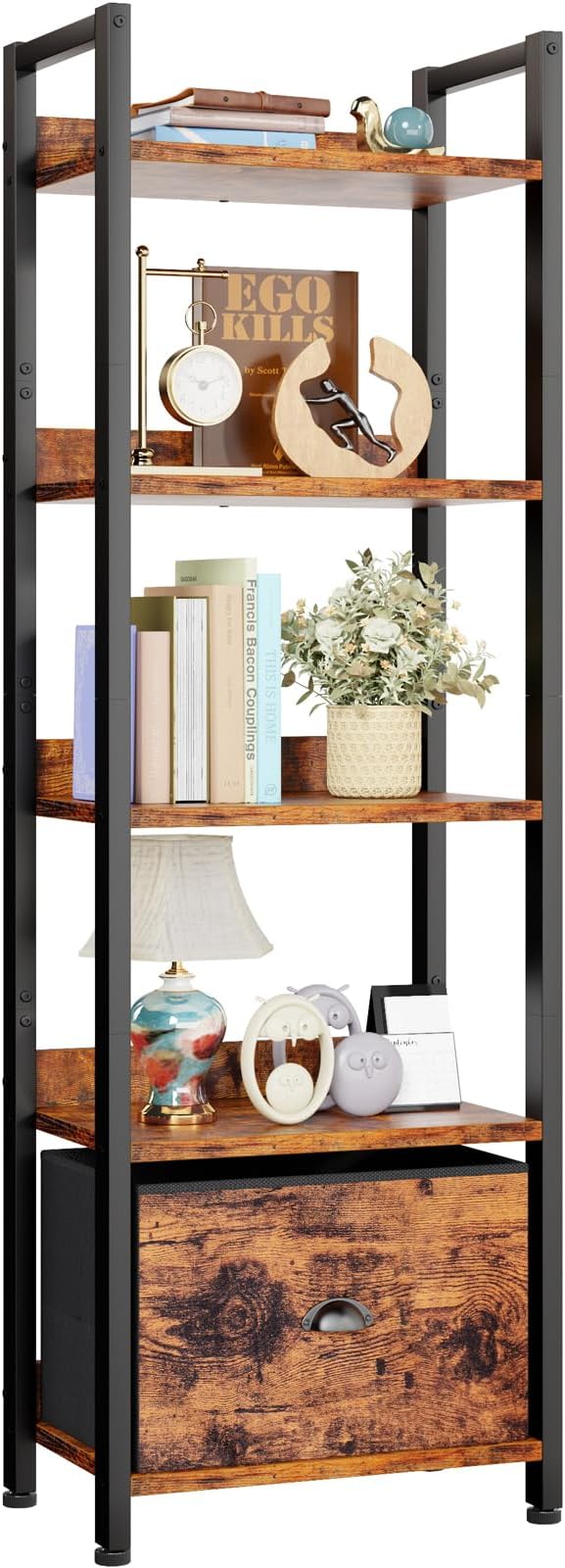 5 Tier Bookshelf with Drawer, Tall Narrow Bookcase with Shelves, Wood and Metal Book