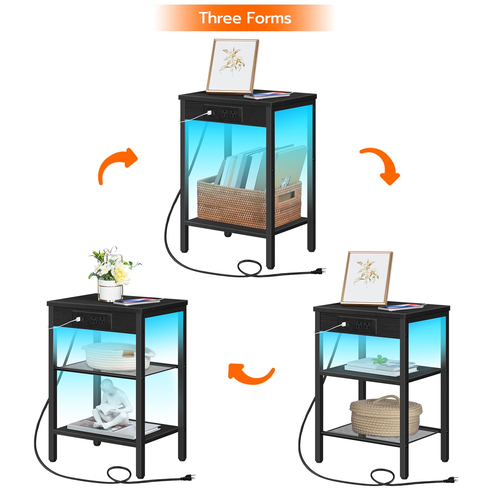 Side Table with Charging Station and LED Lights, Small End Table with Storage Shelves