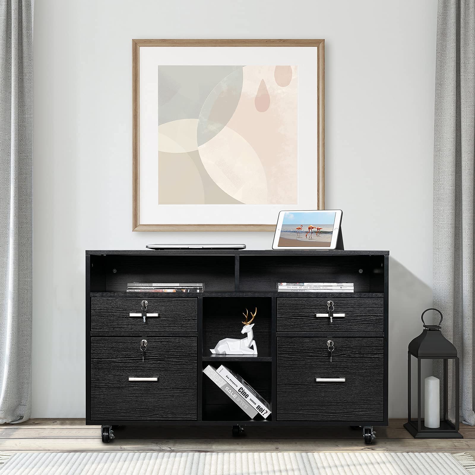 Wood Mobile File Cabinet with 4 Drawers and Shelves, Printer Stand