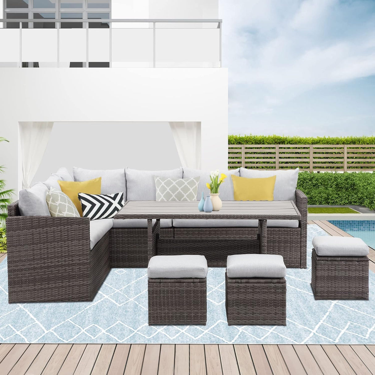 Wicker Rattan Outdoor Dining Set with Dining Table and Ottomans