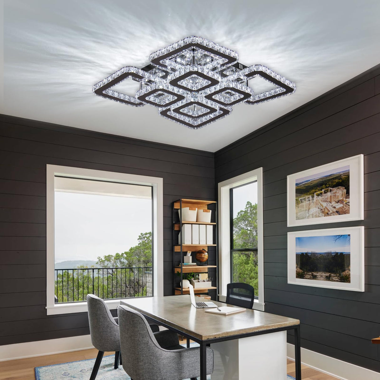 20”Crystal Chandelier Square Led Crystal Flush Mount Ceiling Light 8 Lights Modern