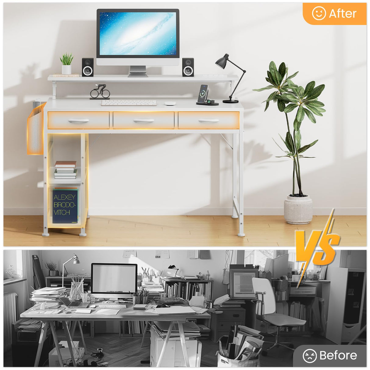 47 Inch Computer Desk with 3 Drawers, Gaming Desk with LED Lights and Adjustable Monitor Stand