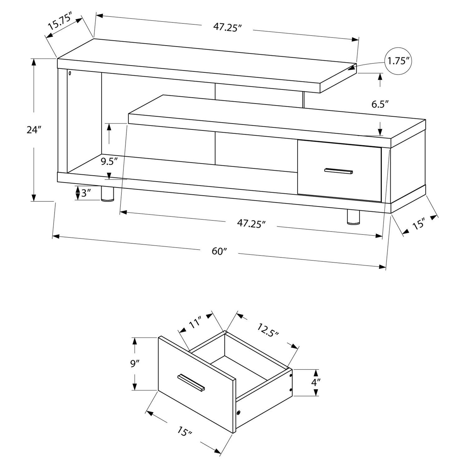 Furniture White Hollow-Core 60" L TV Console