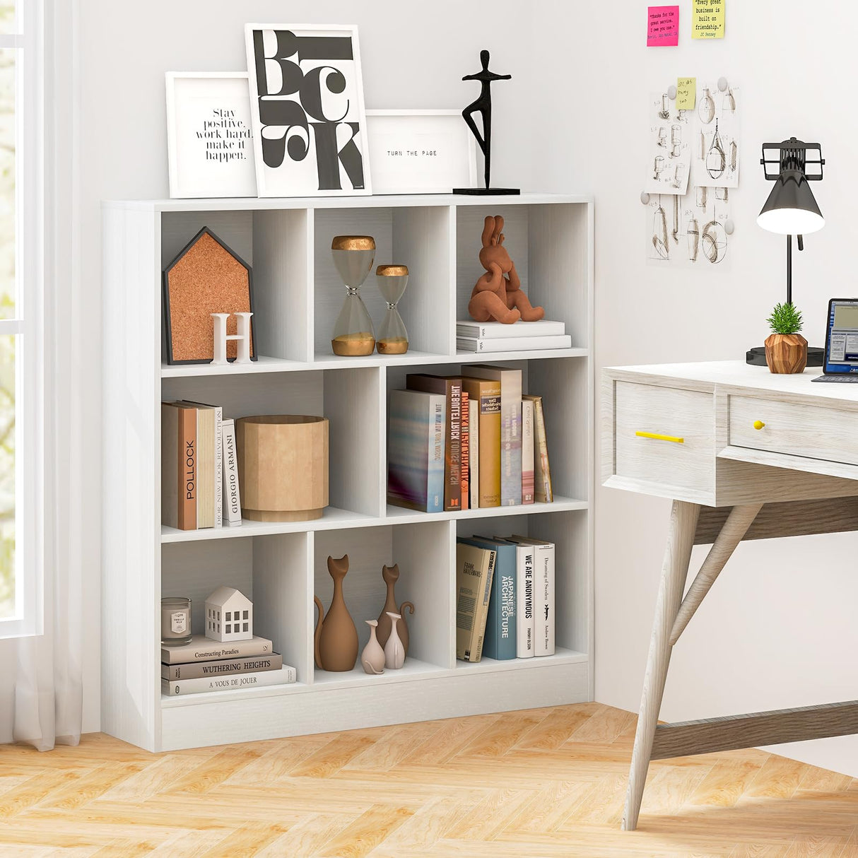 8-Cube Bookshelf, 39.5”L Floor Bookcase with 2 Anti-Tipping Kits, Freestanding Storage Organizer, 4-Tier Display Shelf for Home, Office & Dorms, Natural/White (White, 8-Cube)