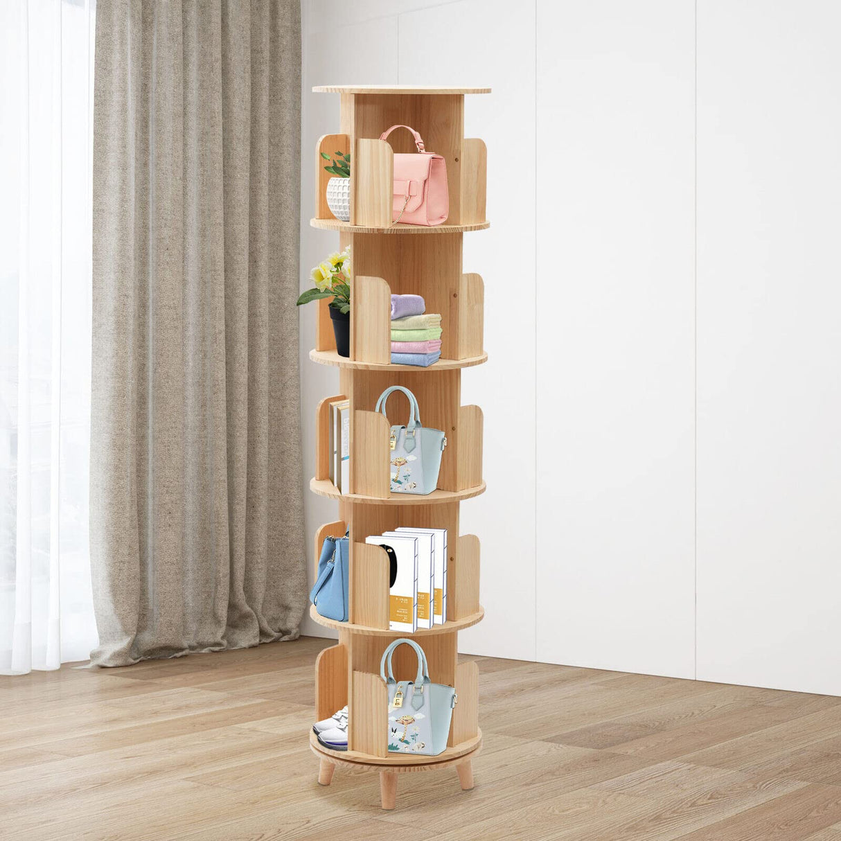 360° Rotating Bookshelf, 5 Tier Floor Standing Bookcase for Kids & Adults