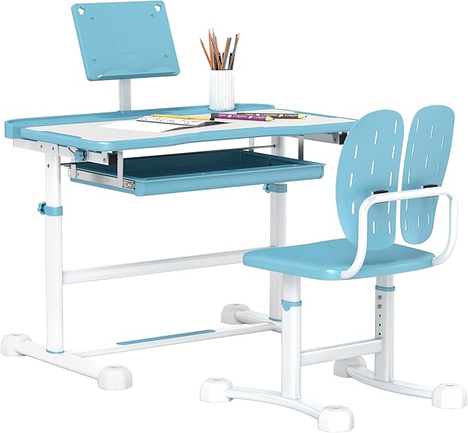 Chair Set, Height Adjustable Kids School Study Desk and Chair Set with Tilt Desktop, Storage Drawer & Book Stand for Writing, Reading and Drawing, Pink