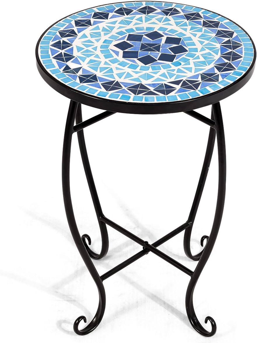 RELAX4LIFE Side Table Outdoor Mosaic Round 14 Inch W/Glass Table Top and Steel Frame for Patio, Lawn, Garden, Balcony and Home Decor Small End Table (Blue) - Bircata