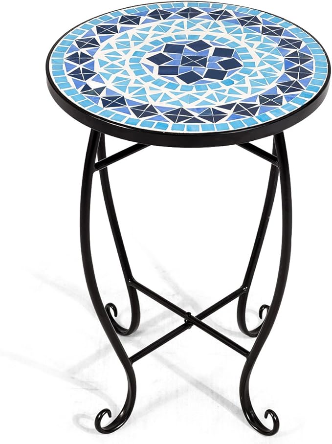 Side Table Outdoor Mosaic Round 14 Inch W/Glass Table Top and Steel Frame for Patio