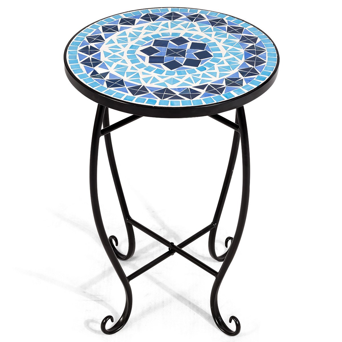 Side Table Outdoor Mosaic Round 14 Inch W/Glass Table Top and Steel Frame for Patio
