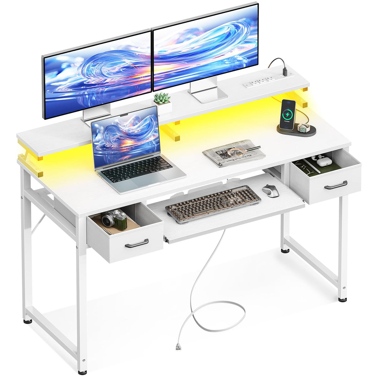 ODK Gaming Desk with Led Lights and Power Outlet, 48 Inch Computer Desk with Drawers and Keyboard Tray, PC Desk with Monitor Stand, Work Desk for Home Office, White