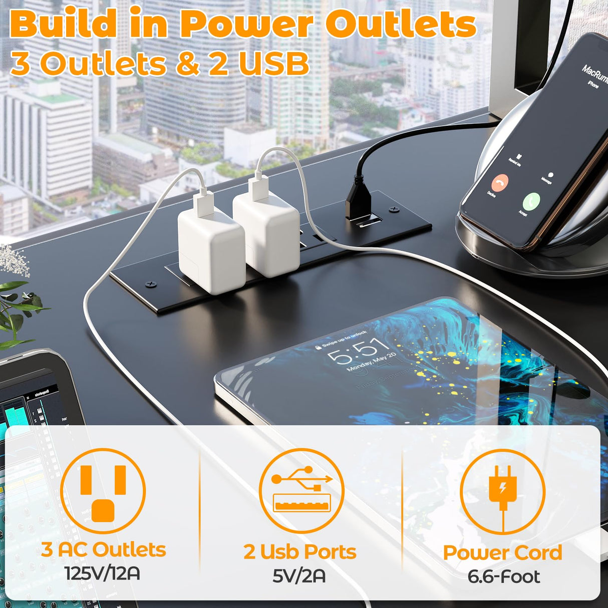 Gaming Desk with Hutch, 47'' Computer Desk with LED Lights & Power Outlets,