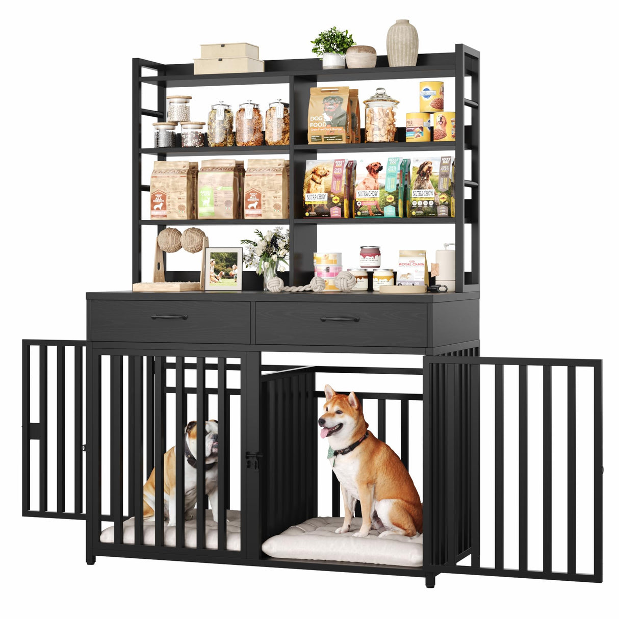 Large Dog Crate Furniture with Storage - 71H x 47W Heavy Duty Indoor Kennel