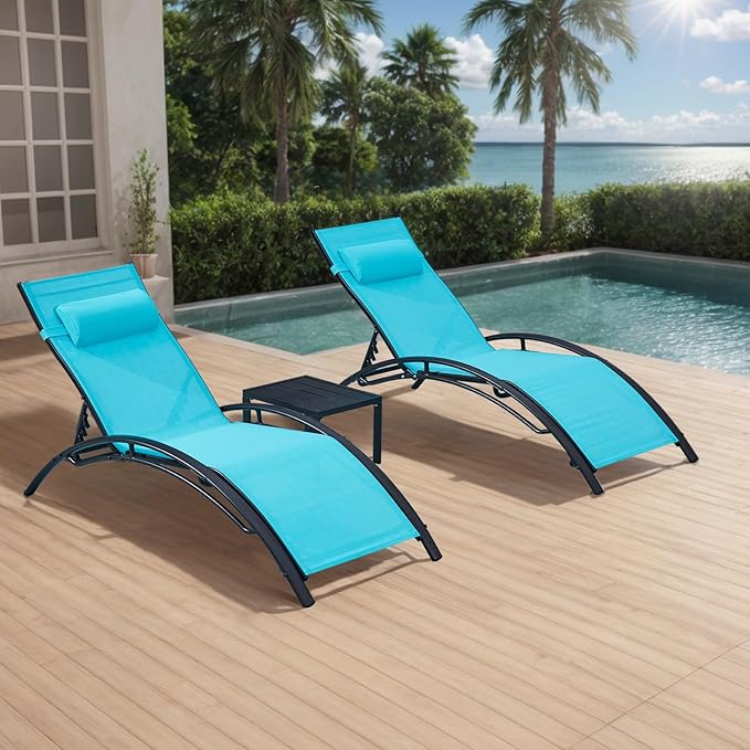 3, Pool Lounge Chairs with Pillow, Side Table & 5-Position Adjustable Backrest, Sunbathing