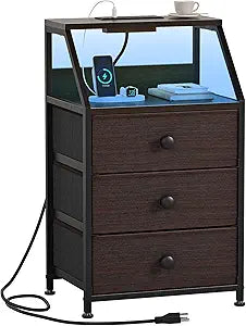 Charging Station and Led Light, Tall Brown Bedside Table