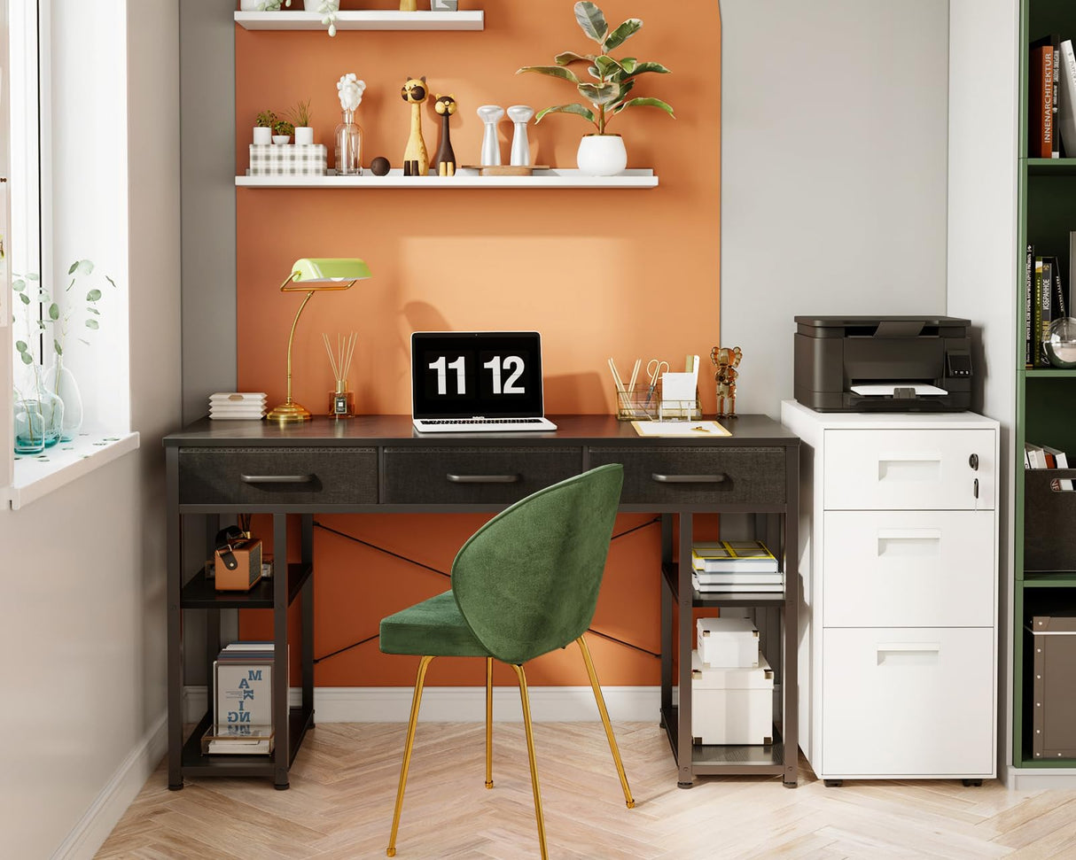 Small Computer Desk: Home Table with Fabric Drawers & Storage Shelves, Modern Writing Desk, Black, 48"x16"