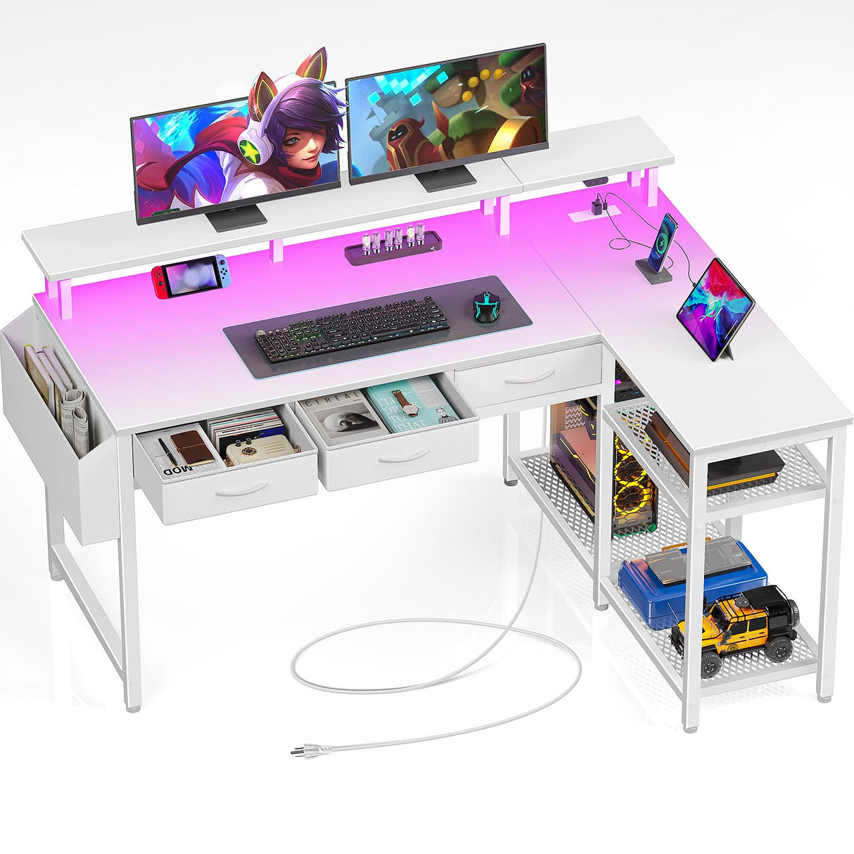 L Shaped Desk with Storage Drawers, 47 inch Gaming Desk with Shelves