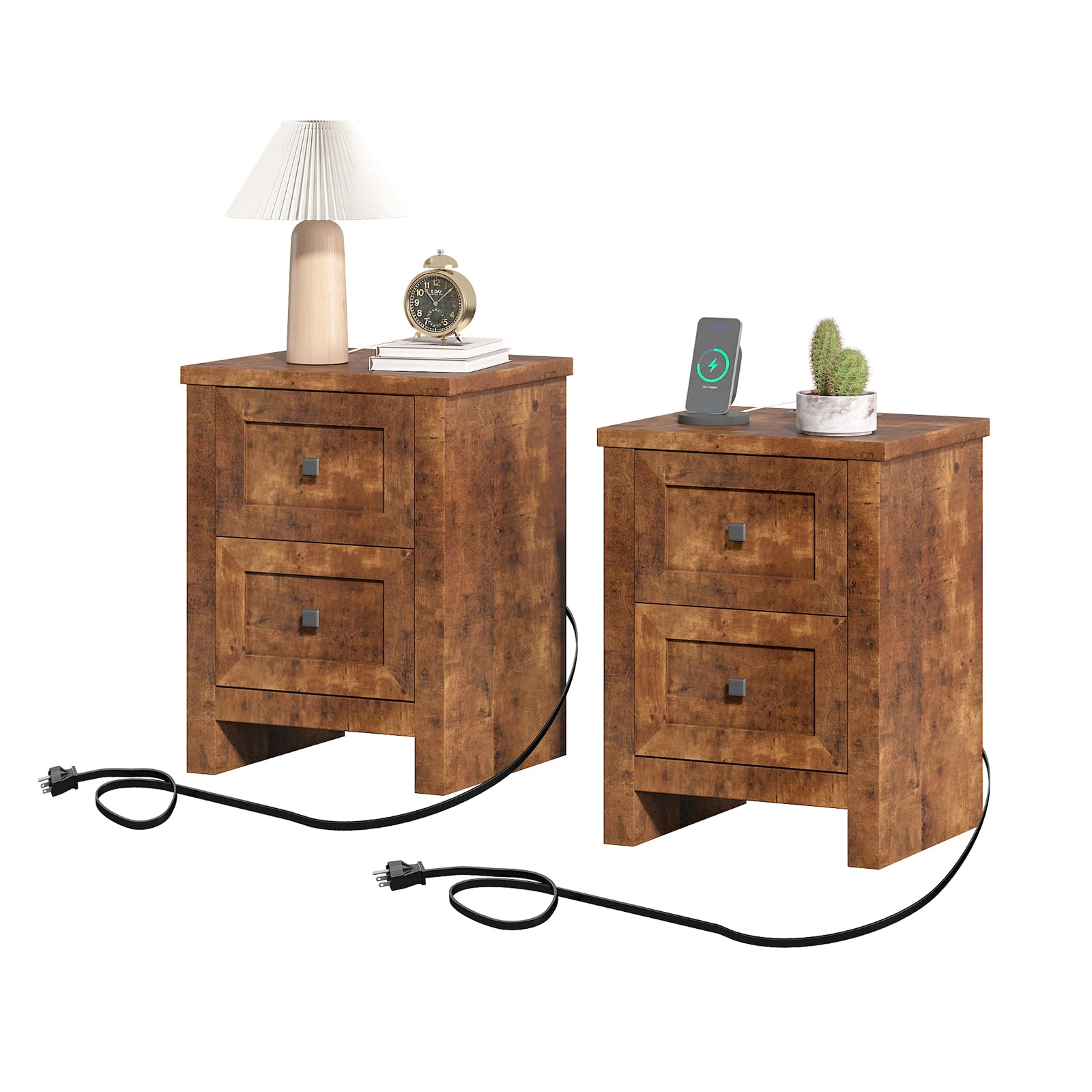 Nightstand Set of 2 with Charging Station, Farmhouse End Table with 2 Drawers Storage