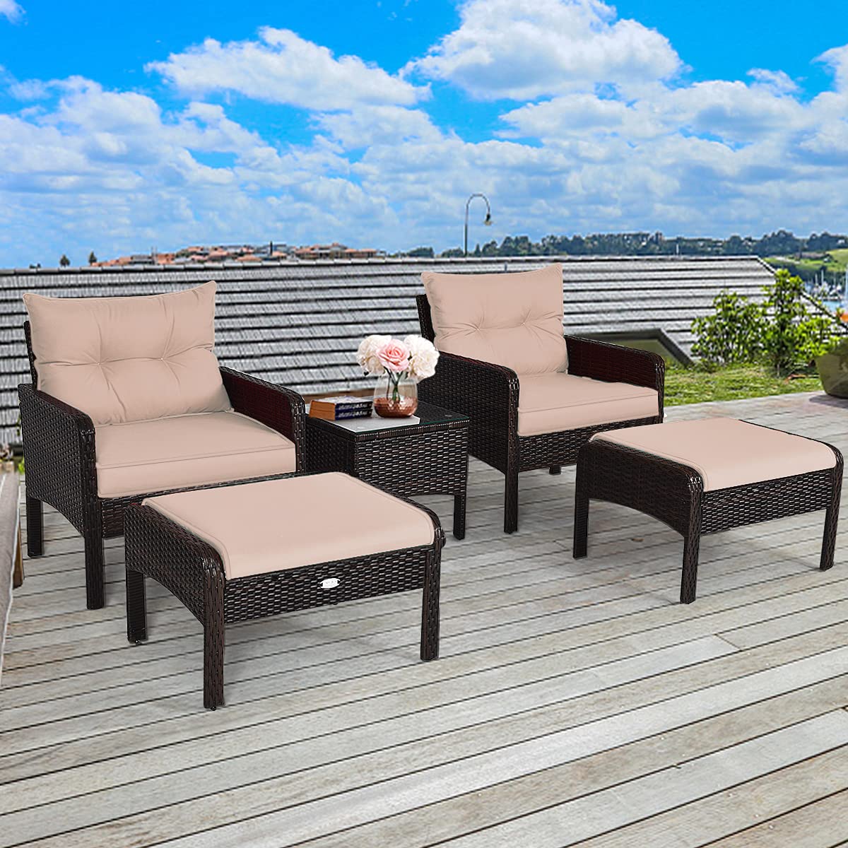 5-Piece Patio Furniture Set Outdoor Rattan Wicker Conversation Set