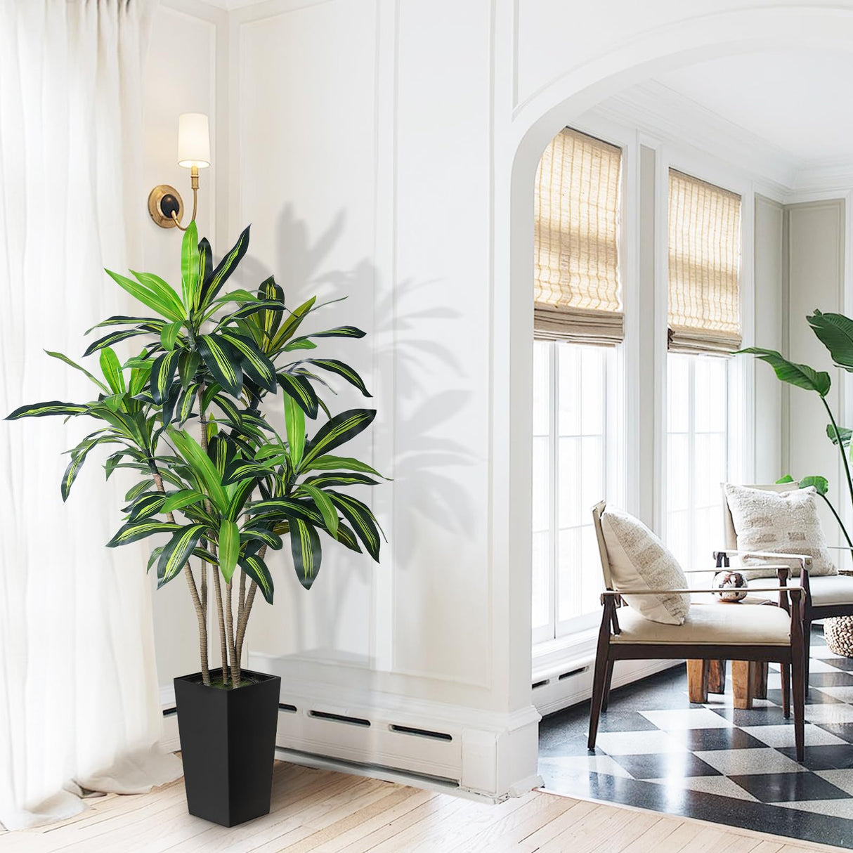 Artificial Dracaena Tree - 5.5FT Faux Tree with Black Tall Planter -Dracaena Artificial Plant for Modern