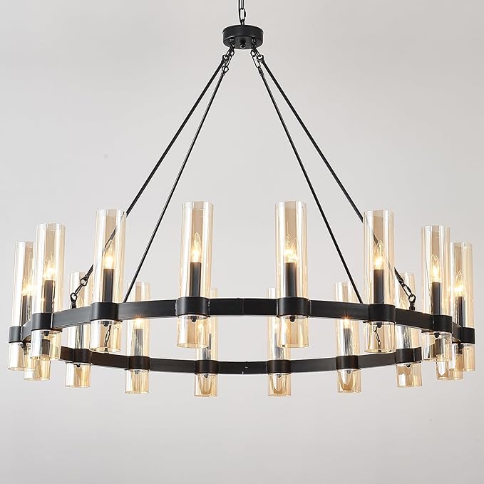 60 Inch Black Wagon Wheel Chandelier, 24 Lights, with Brown Glass Shade