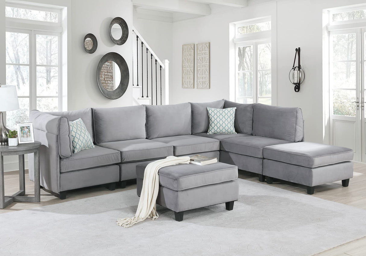 7 Piece Velvet Modular Sectional Sofa with Ottoman, Grey