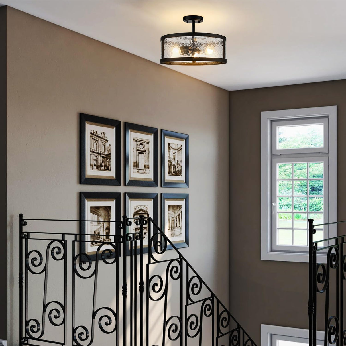 Industrial Black Semi Flush Mount Ceiling Light Harmmered Glass Farmhouse